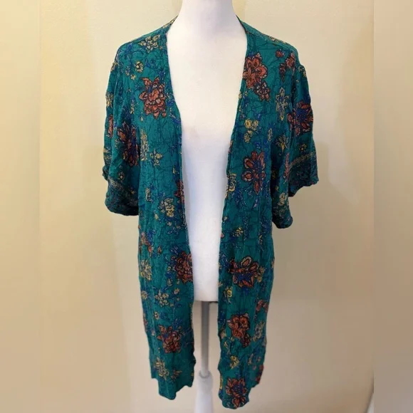 Large Maurices Teal Floral Mixed Print Kimono - Picture 3 of 12